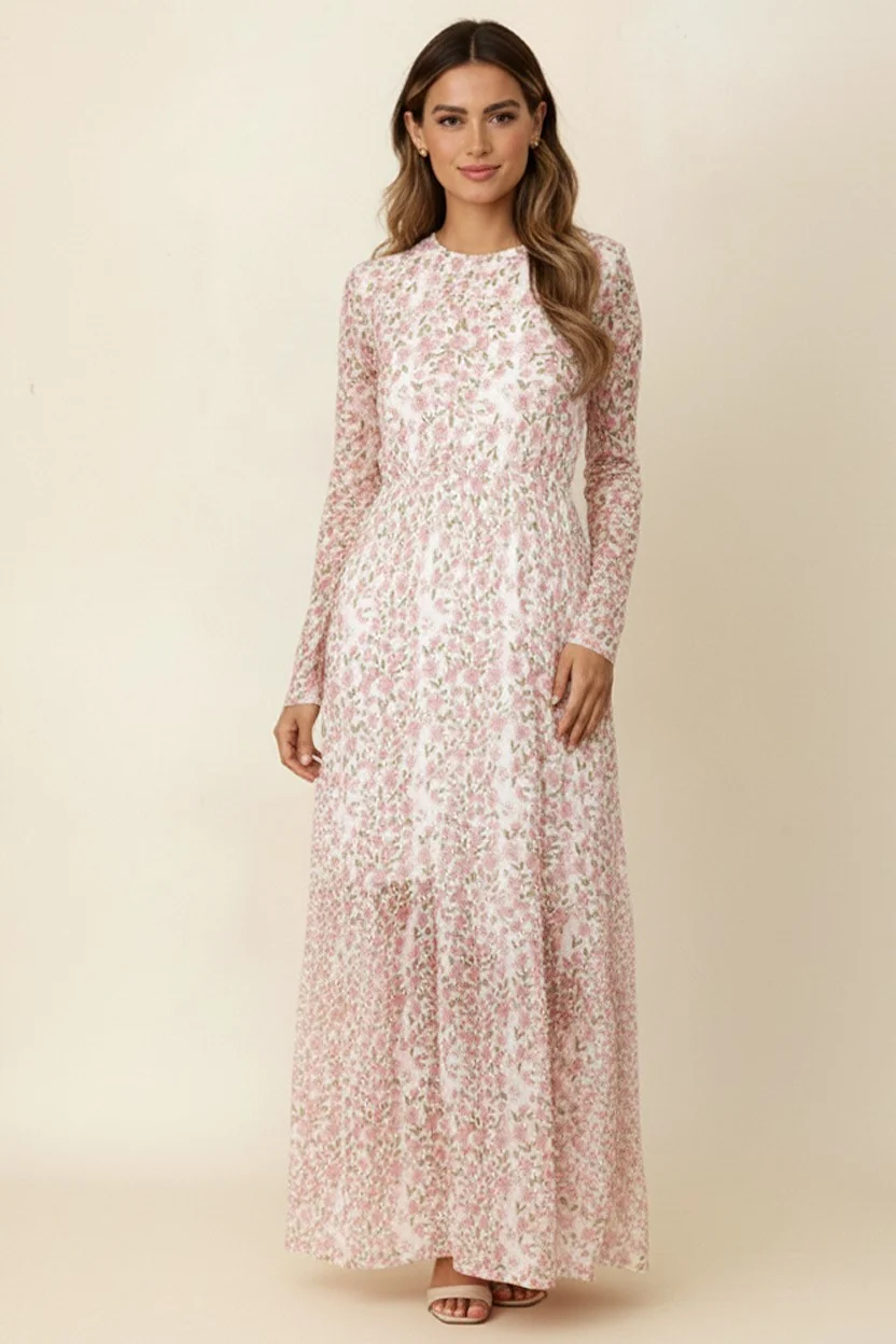 LONG SLEEVE FLORAL MESH MIDI DRESS - Image 4