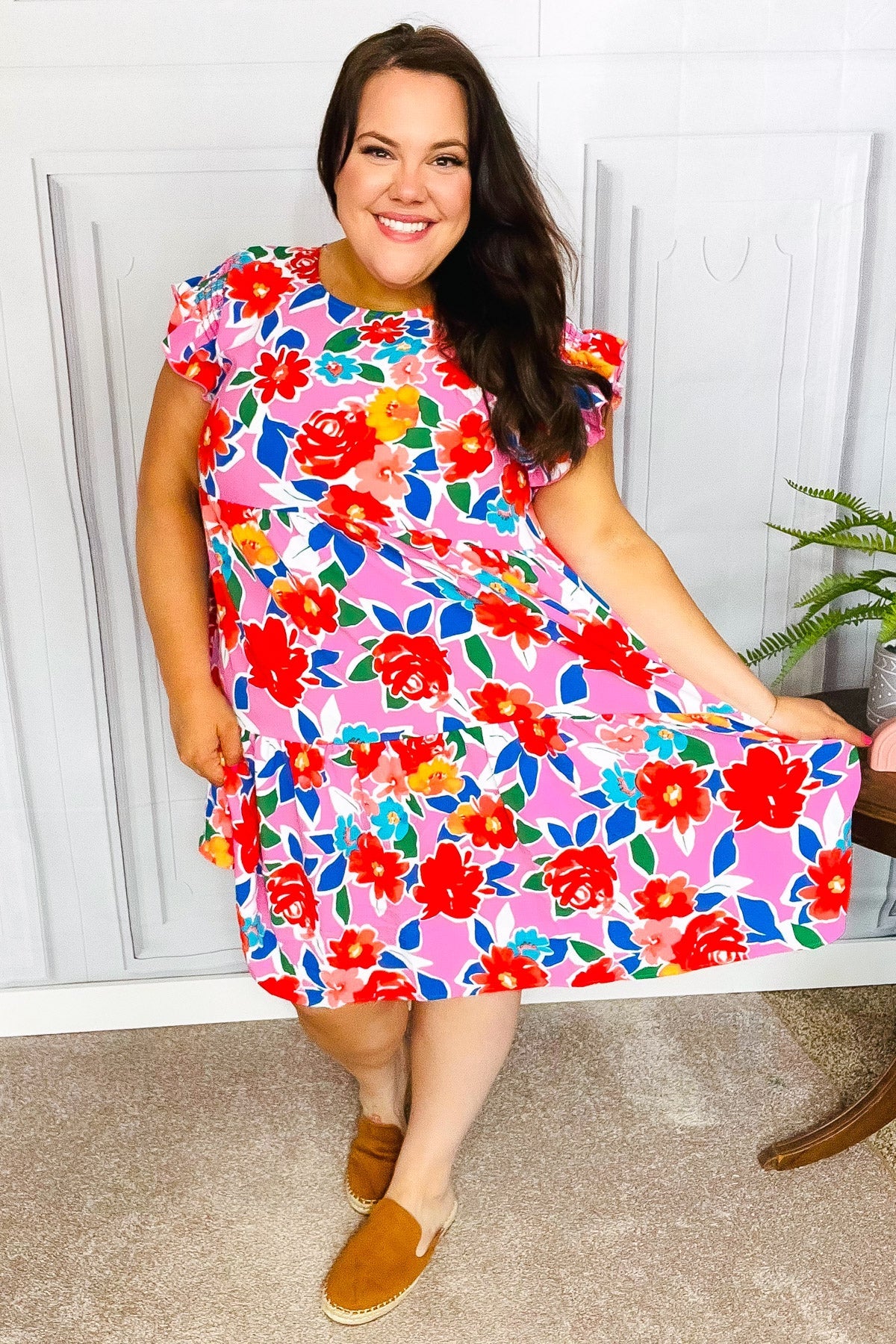 Love Found Pink Floral Smocked Ruffle Sleeve Tiered Dress (Open Pack) - Image 12