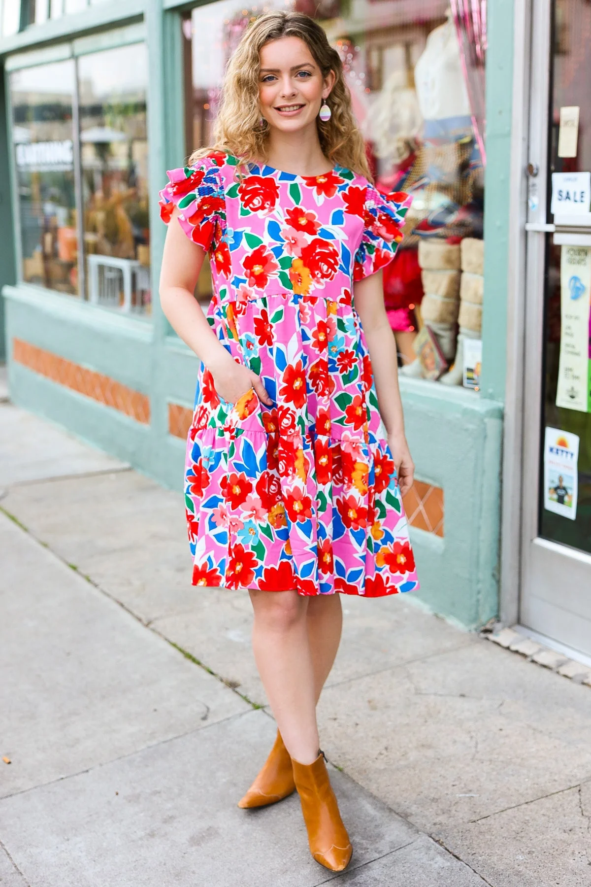 Love Found Pink Floral Smocked Ruffle Sleeve Tiered Dress (Open Pack) - Image 8