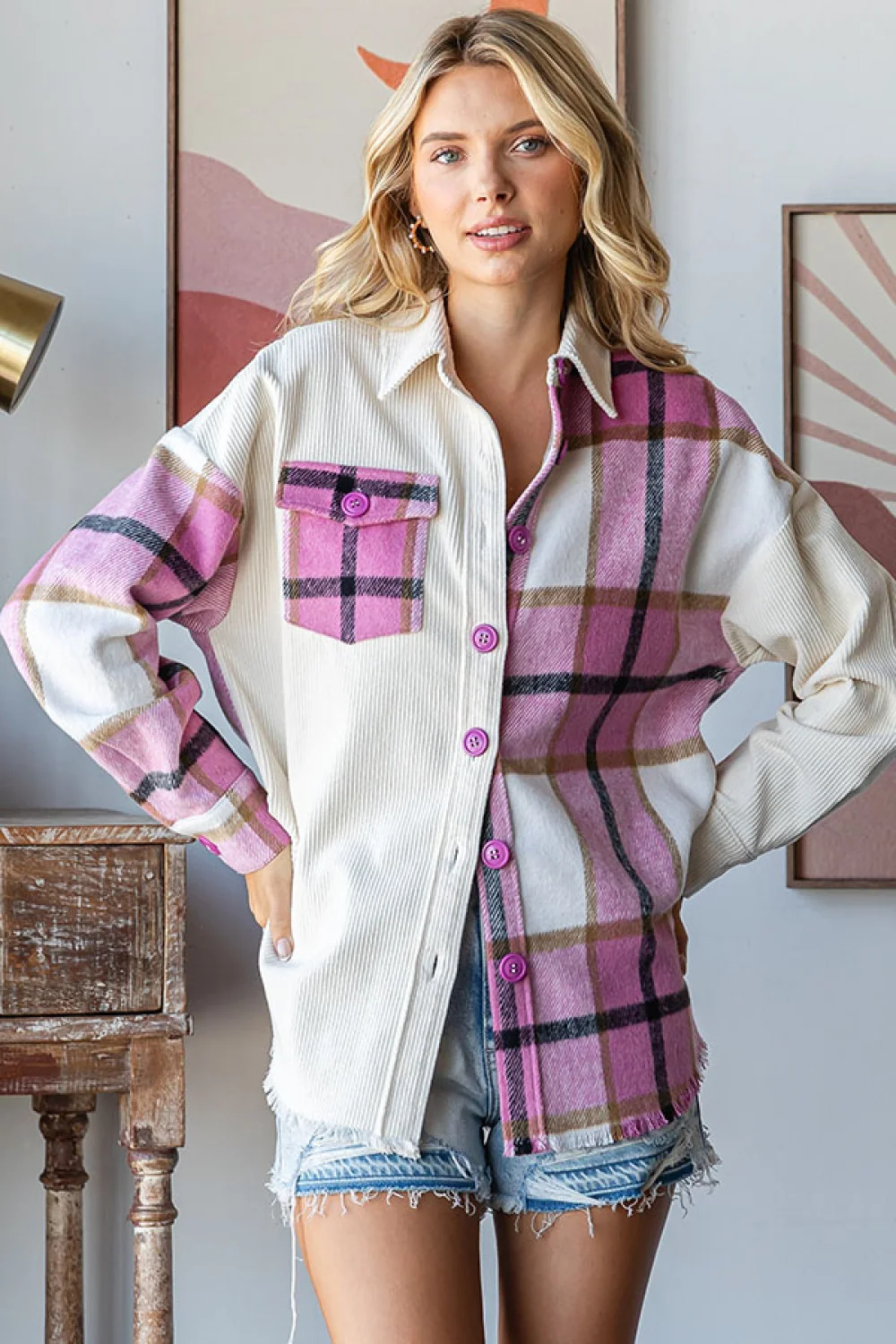 Plus Magenta Corduroy Plaid Frayed Edge Shacket