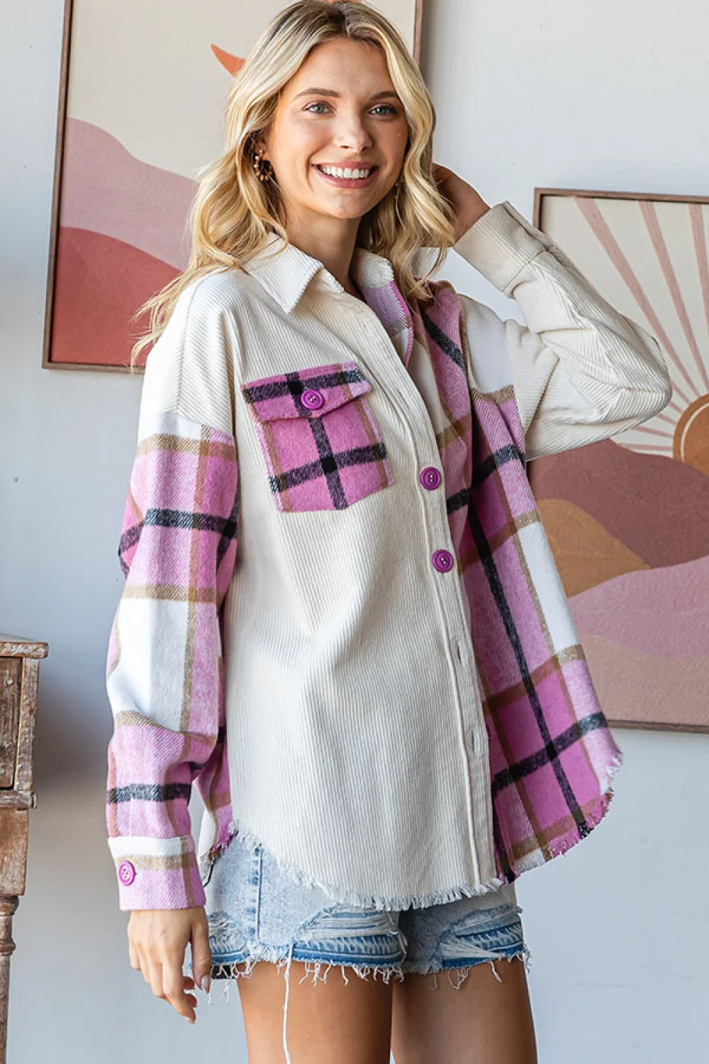 Plus Magenta Corduroy Plaid Frayed Edge Shacket - Image 5