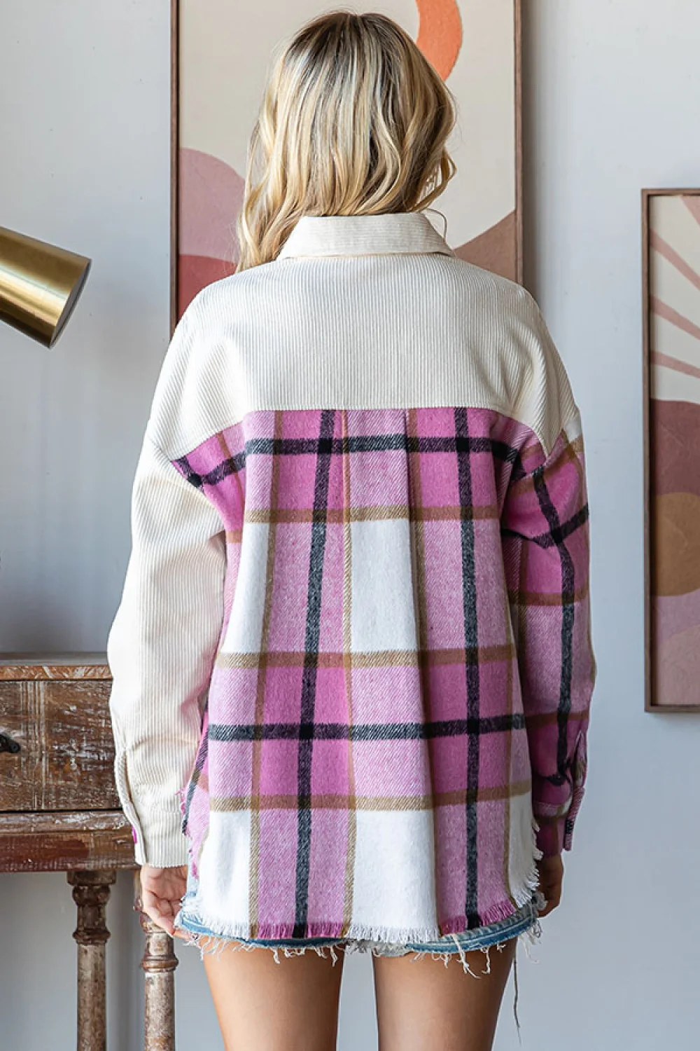 Plus Magenta Corduroy Plaid Frayed Edge Shacket - Image 6