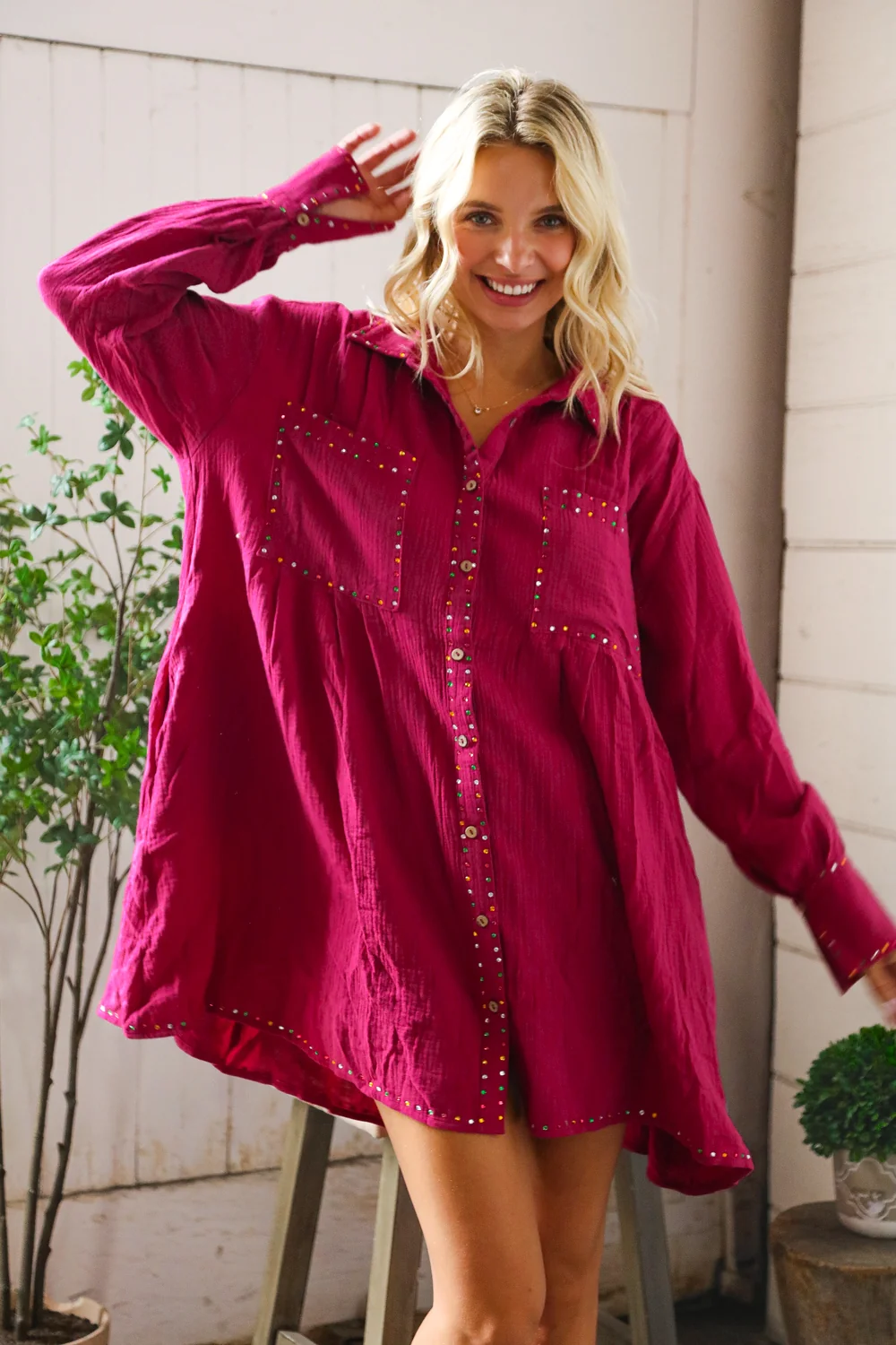 Magenta Cotton Rhinestone Pocketed Button Down Shirt Dress - Image 2