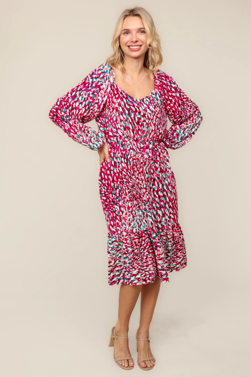 MAGENTA MIDI DRESS W/ SIDE POCKETS AND ELASTIC WAIST - Image 3