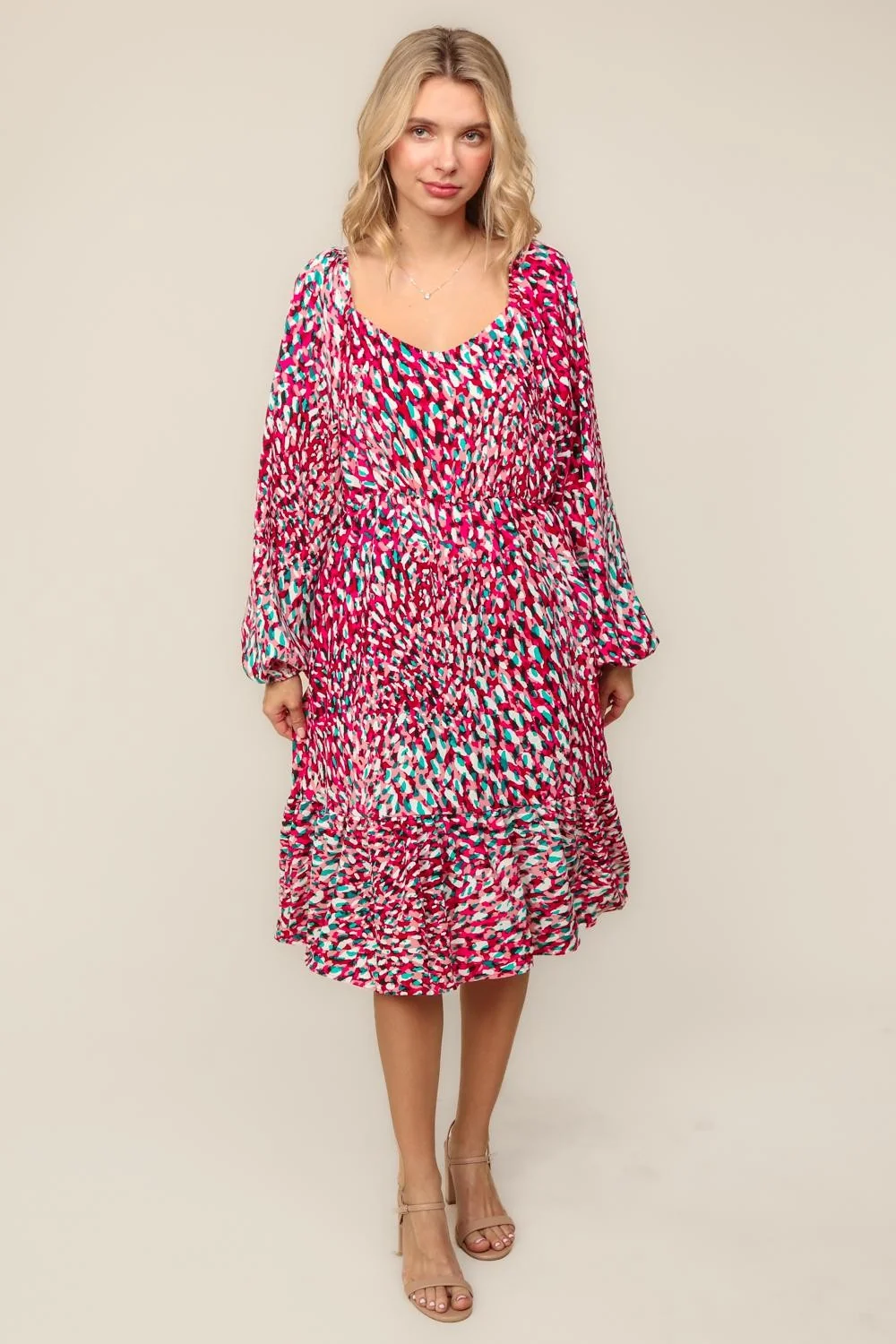 MAGENTA MIDI DRESS W/ SIDE POCKETS AND ELASTIC WAIST - Image 4
