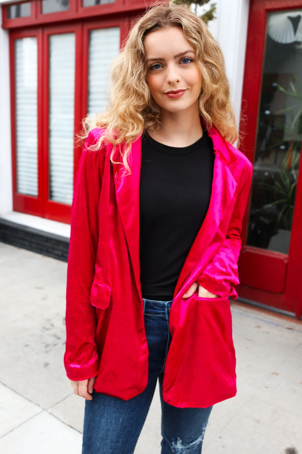 Dazzling Magenta Velvet Lapel Holiday Blazer (Open Pack)