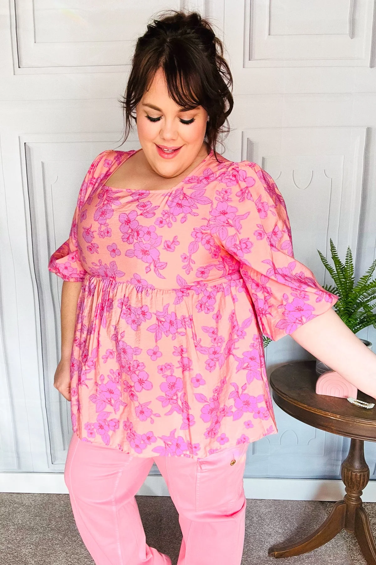 Making Moves Peach & Pink Floral Peplum Woven Top (Open Pack) - Image 2