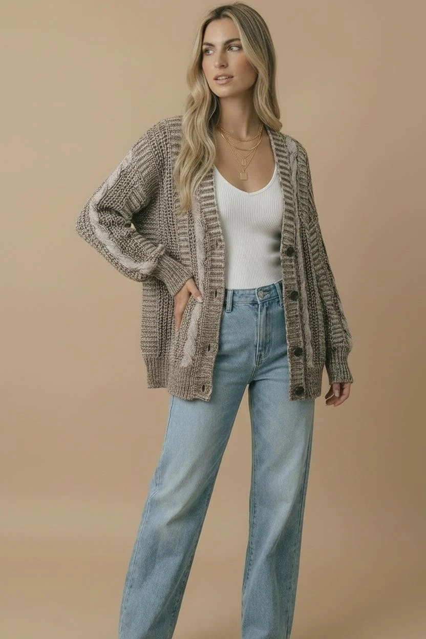 Marled Cable Knit Button Down Cardigan Sweater - Image 4