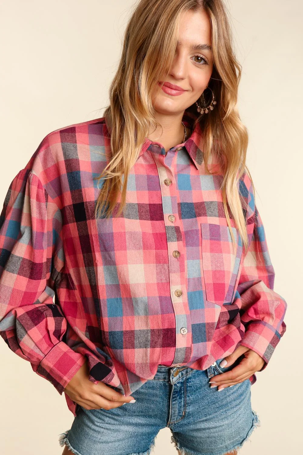 Mauve Woven Washed Plaid Oversized Top With Pockets - Image 3