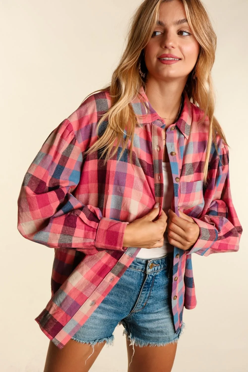 Mauve Woven Washed Plaid Oversized Top With Pockets - Image 4