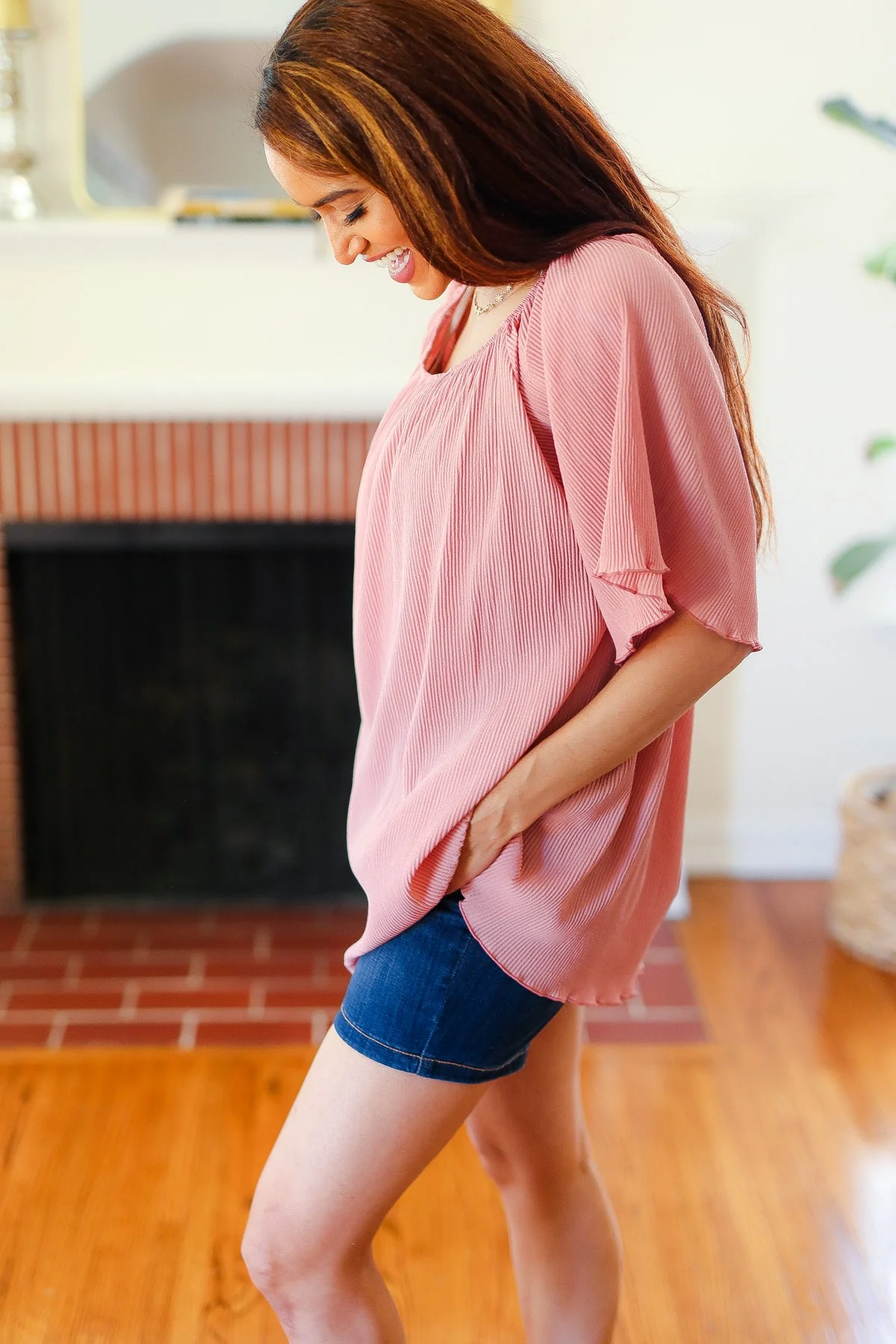 Mauve Crinkle Fabric Loose Fit Blouse - Image 4