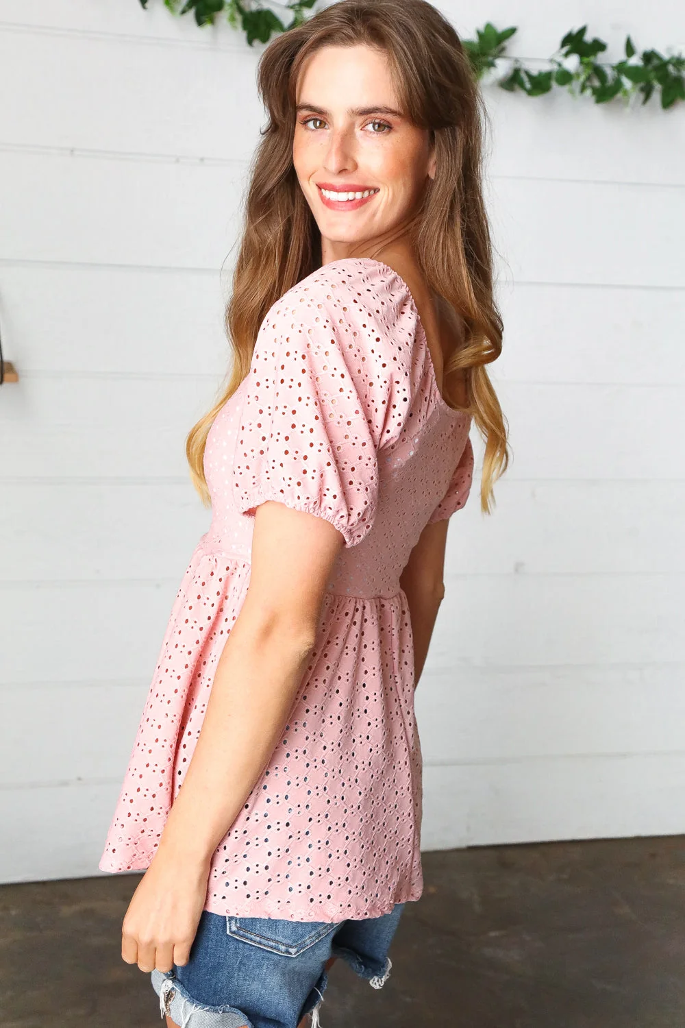 Mauve Eyelet Puff Sleeve Babydoll Top (Open Pack) - Image 8