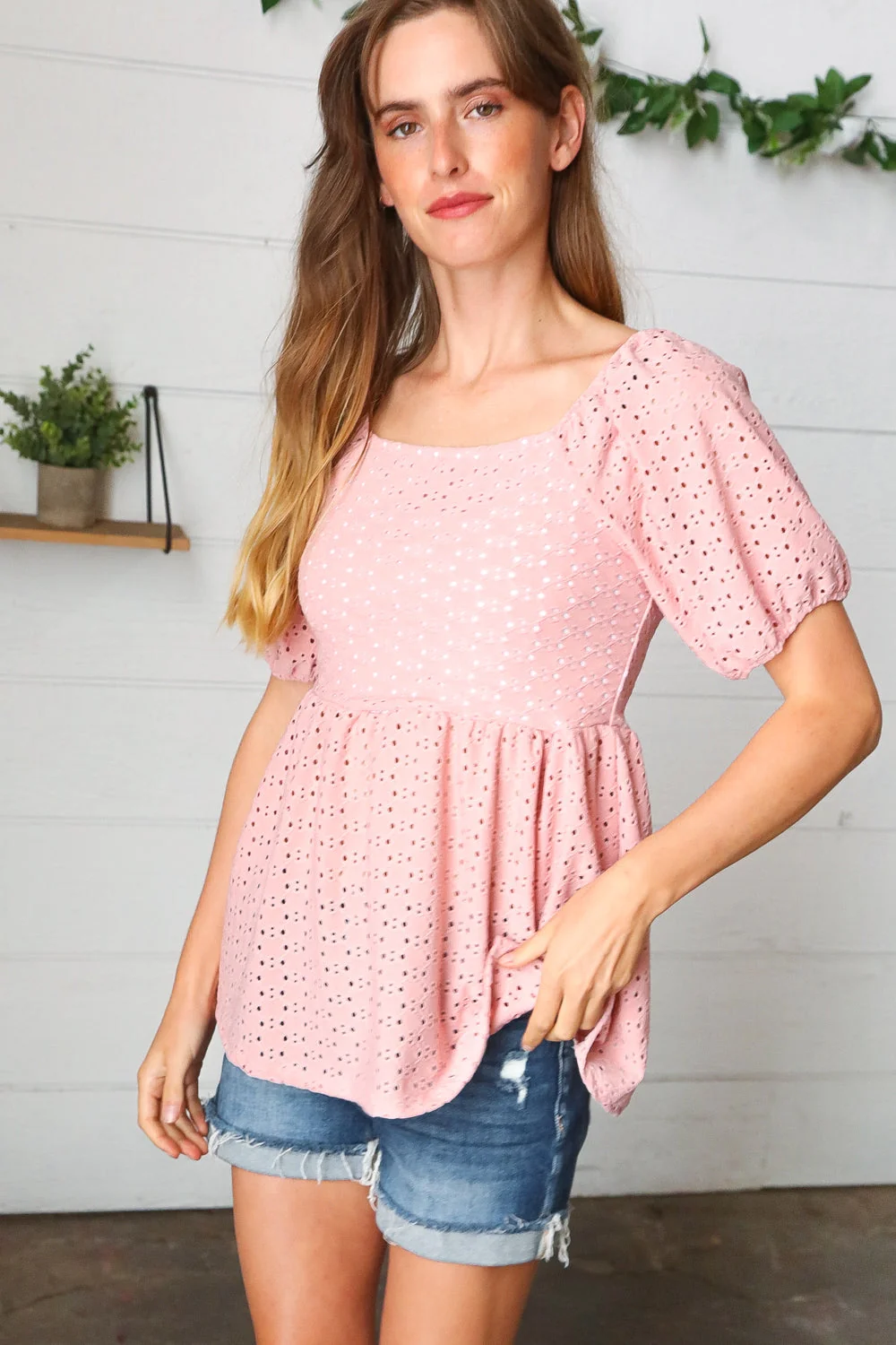 Mauve Eyelet Puff Sleeve Babydoll Top (Open Pack) - Image 9
