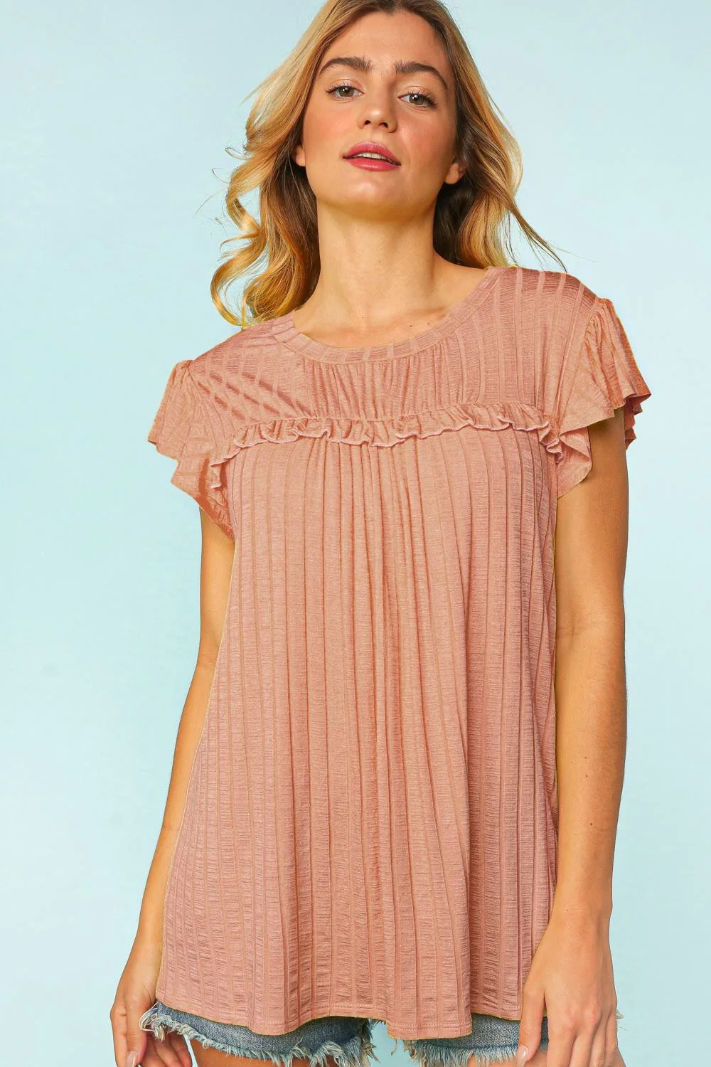 Mauve Frilled Short Sleeve Shirred Yoke Knit Top - Image 3