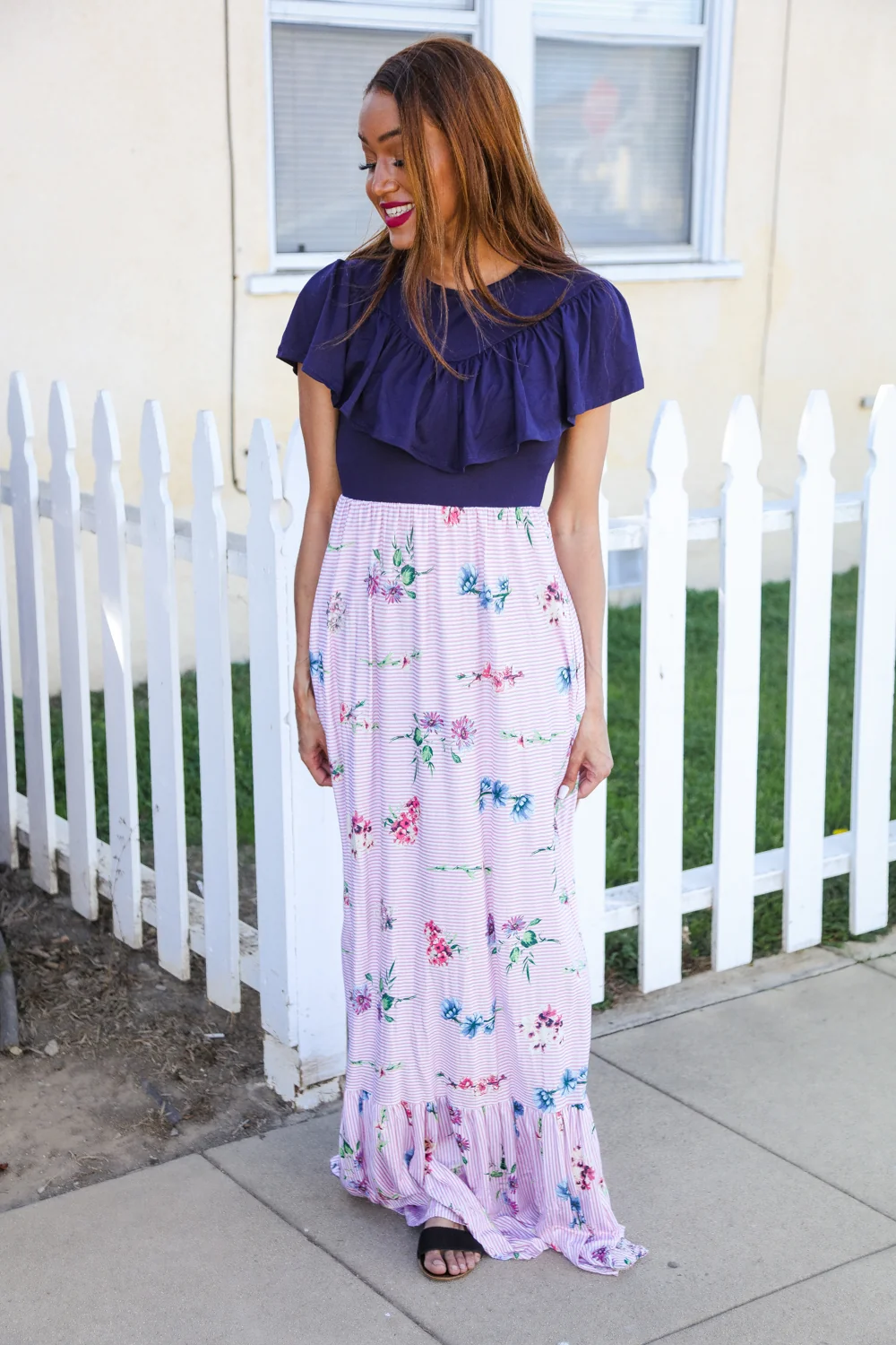 Pink & Navy & Floral Stripe Maxi Dress - Image 2