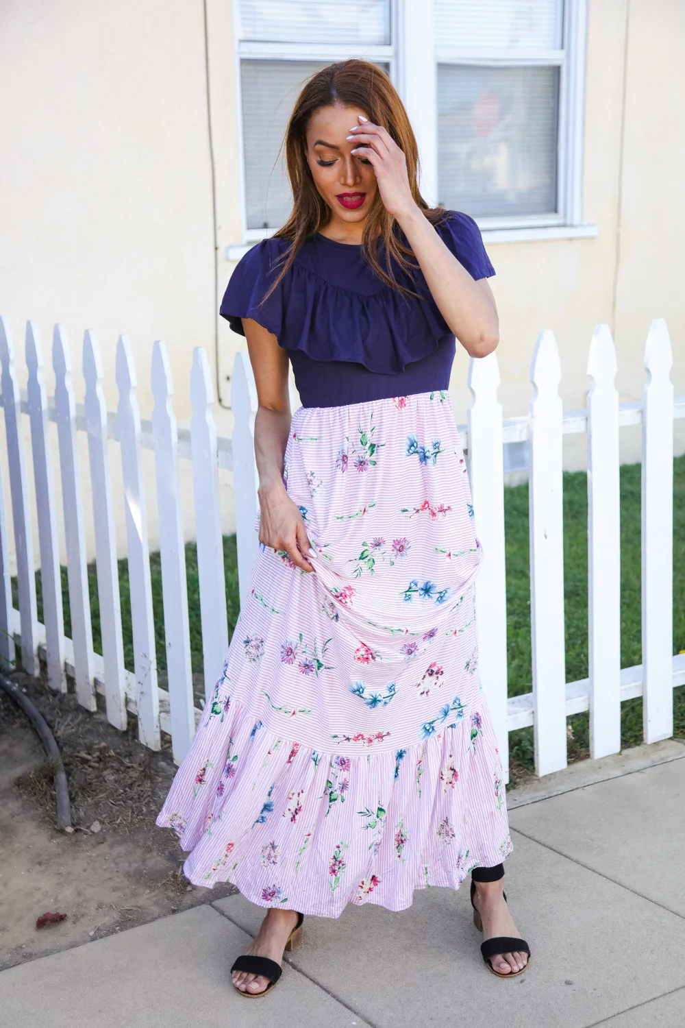 Pink & Navy & Floral Stripe Maxi Dress - Image 3
