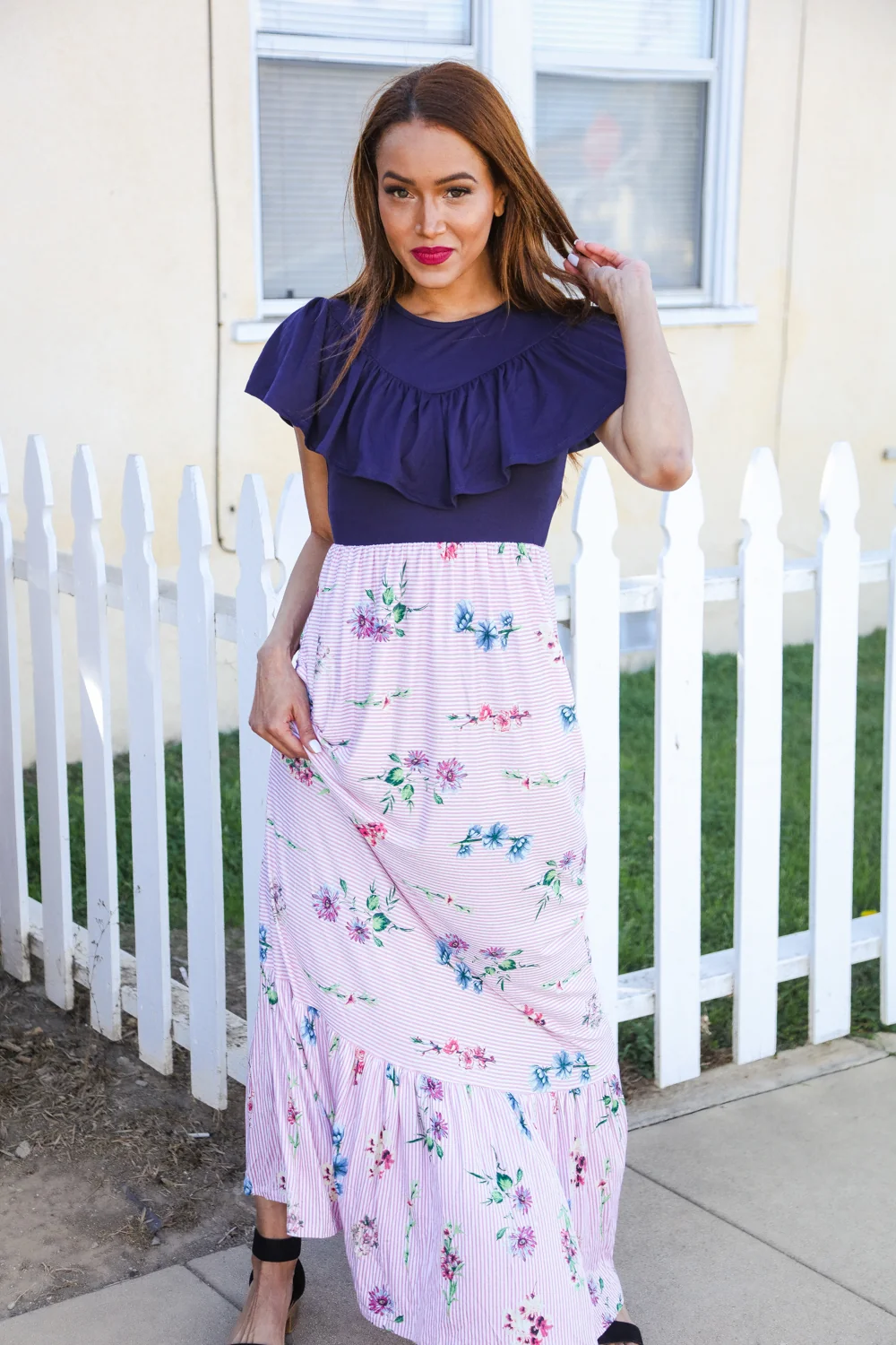 Pink & Navy & Floral Stripe Maxi Dress - Image 5