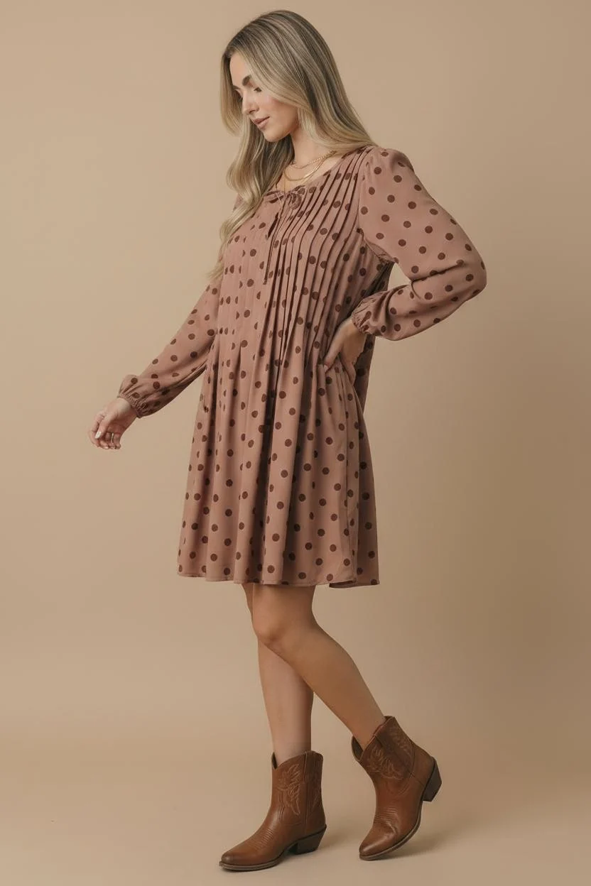 Mauve Polka Dot Pintuck Babydoll Dress - Image 8
