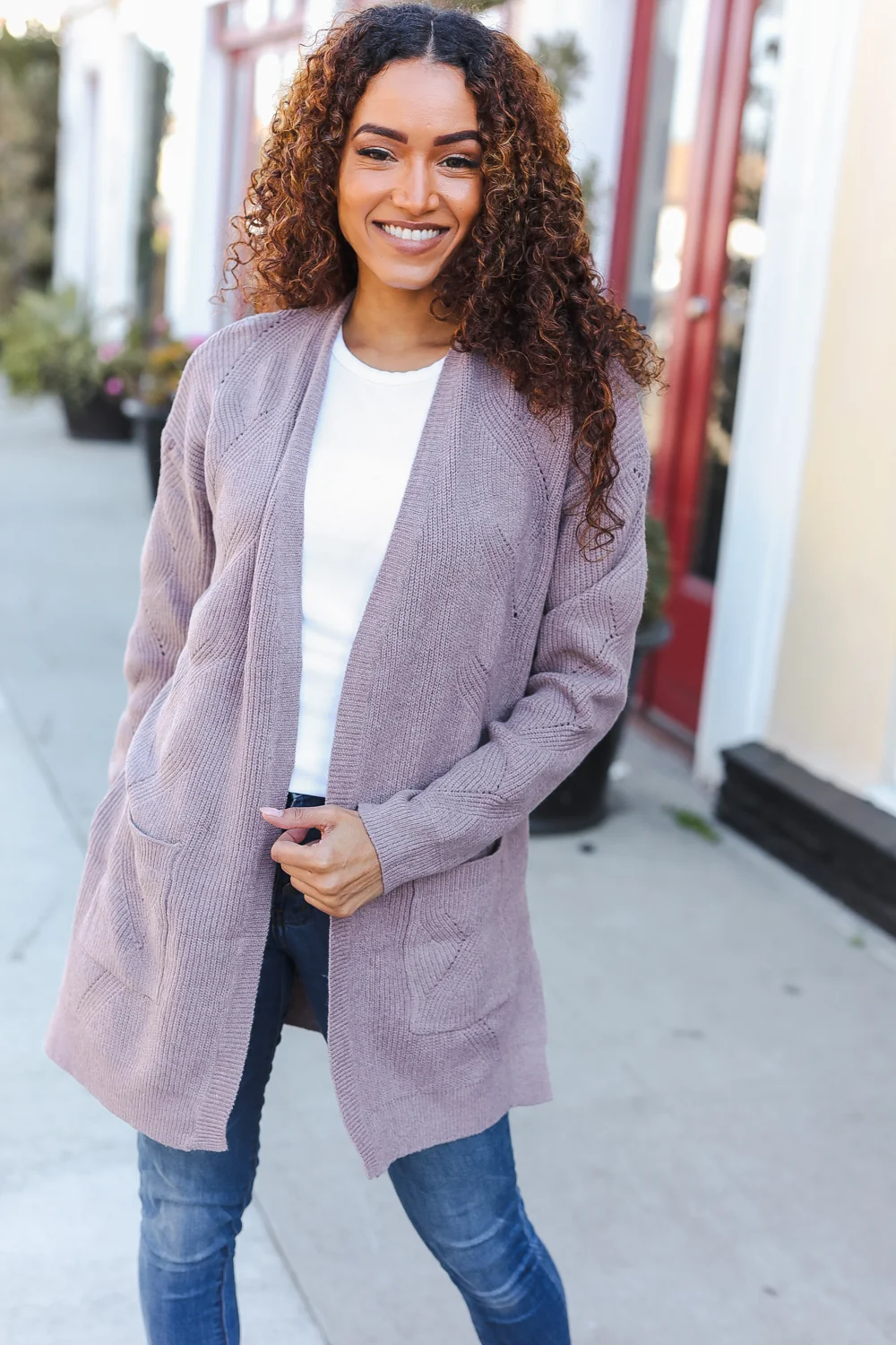 Mauve Tie Back Thick Cardigan - Image 2