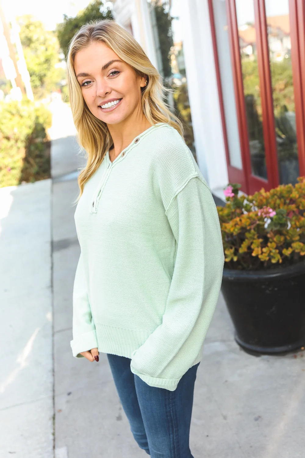Mint Button Henley Sweater - Image 4