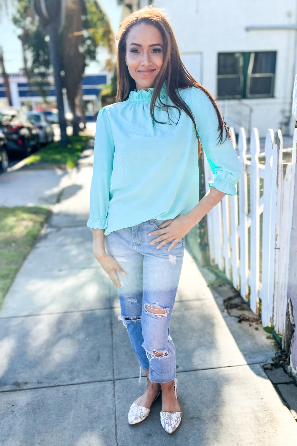 Mint Crinkled Woven Ruffle Neck Button Top - Image 4