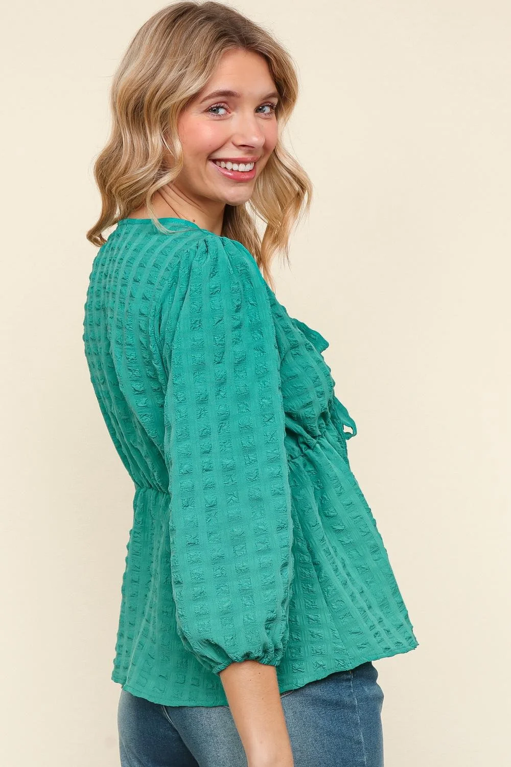 MINT V NECK SOLID RIBBON BOW BABYDOLL WOVEN BLOUSE - Image 3
