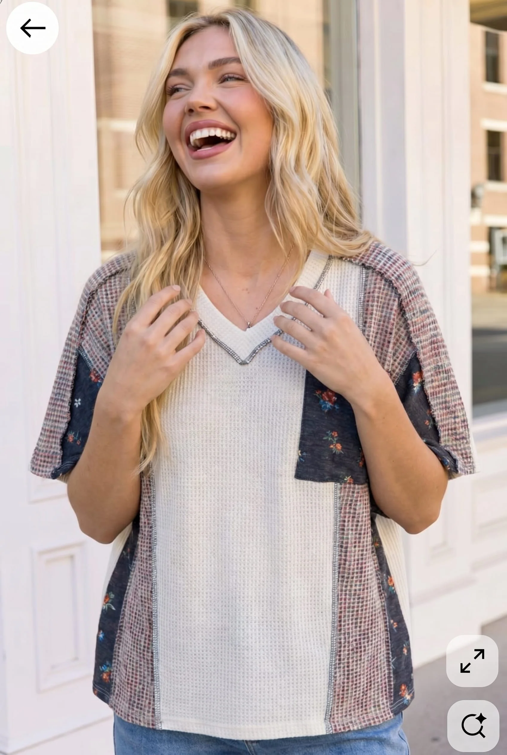 Mixed Media Patchwork V-Neck Waffle Knit Top - Image 3
