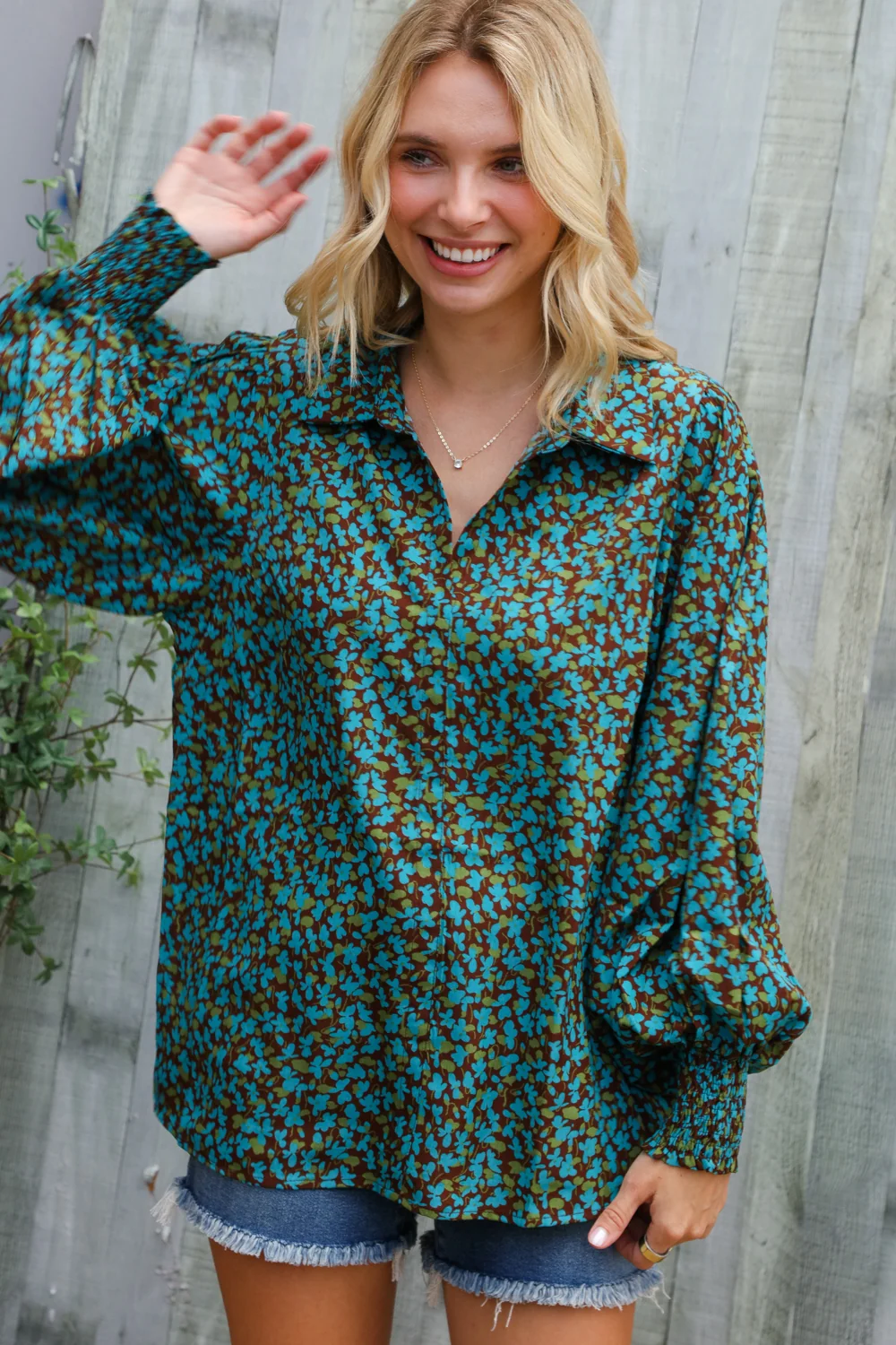 Mocha & Blue Floral Woven Top - Image 3