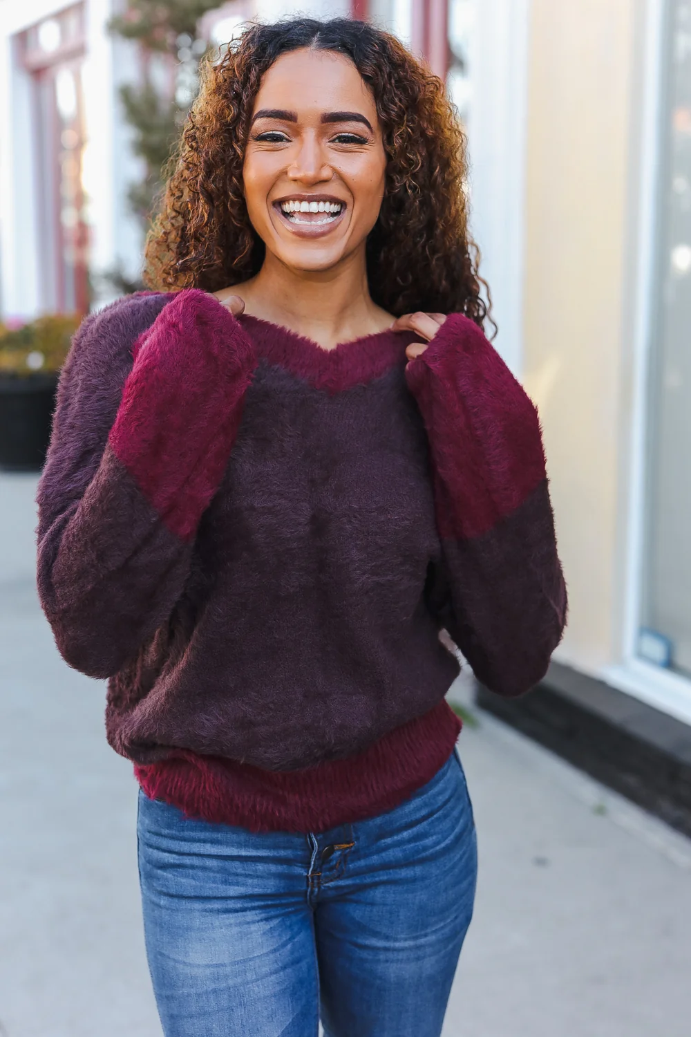Mocha & Burgundy Thick Fur Sweater - Image 2