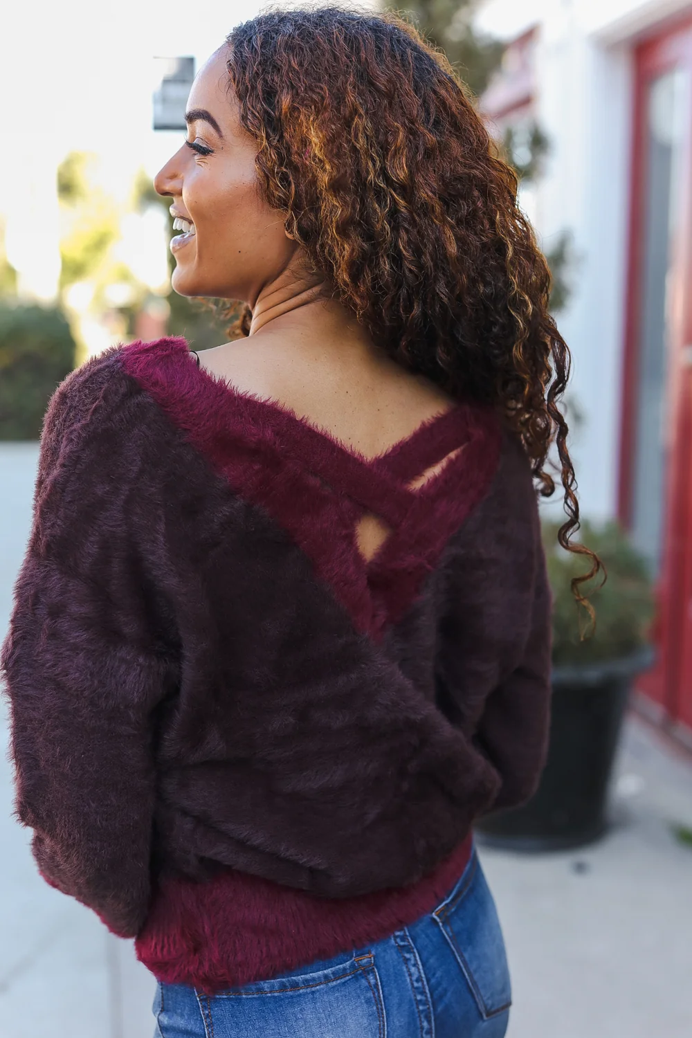 Mocha & Burgundy Thick Fur Sweater - Image 3