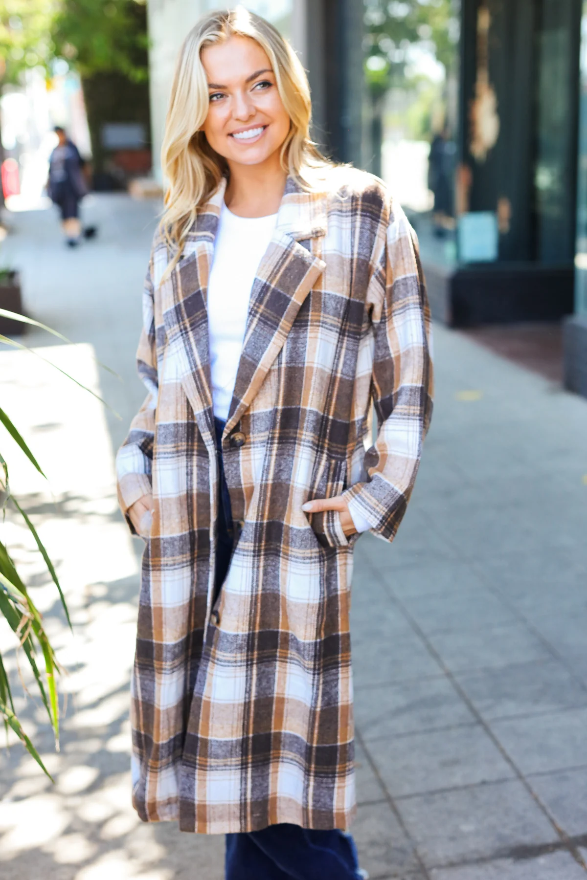 Mocha Plaid Pocketed Duster Coat - Image 10