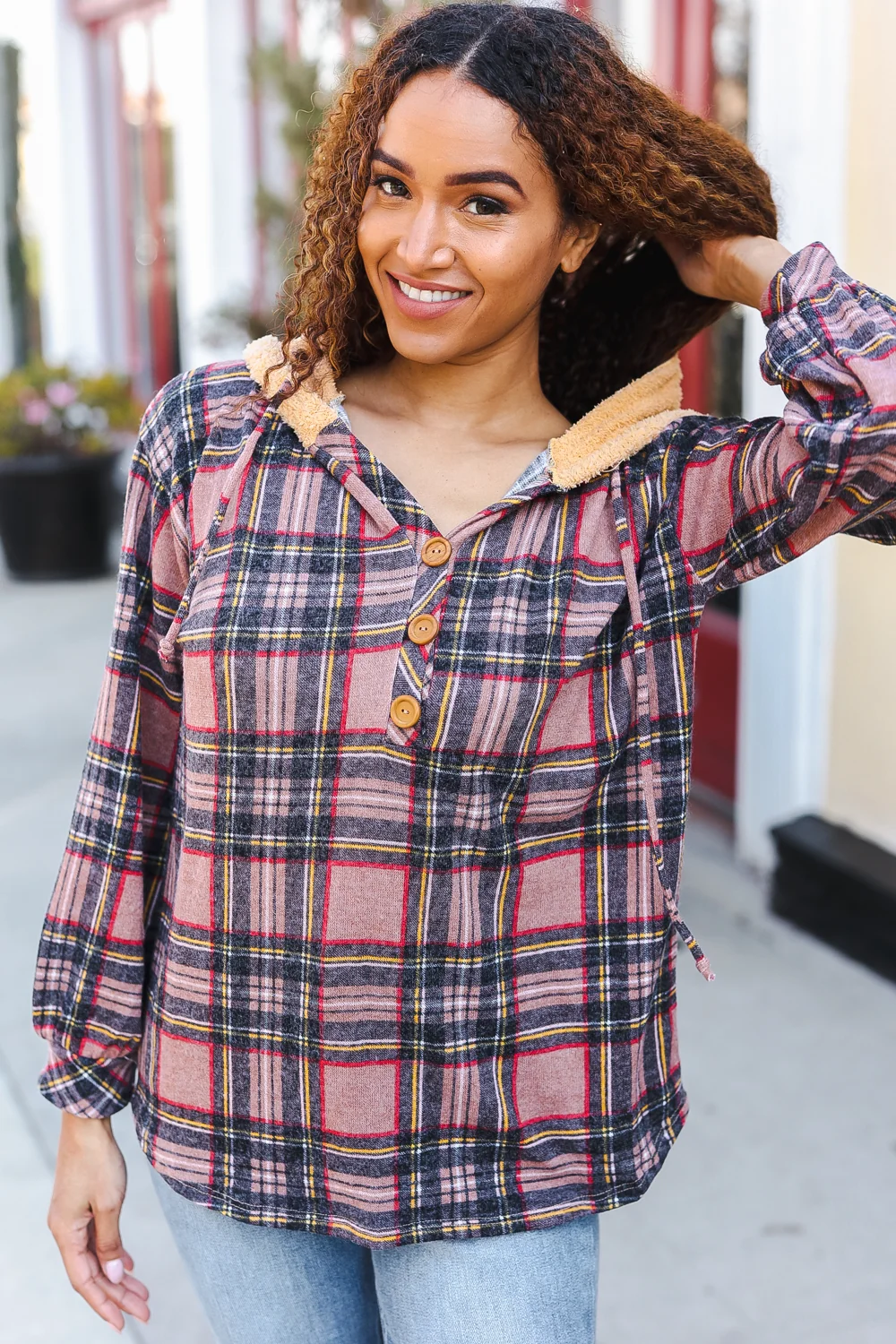 Mocha Plaid Sherpa Hoodie - Image 4