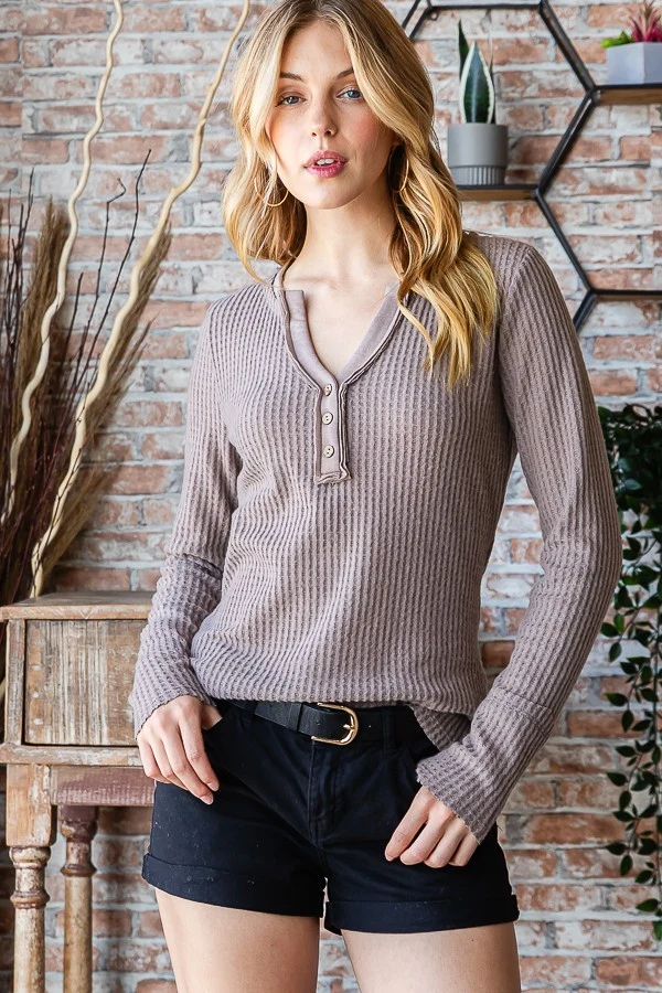Mocha Thermal Long Sleeve V-Neck Button - Image 3