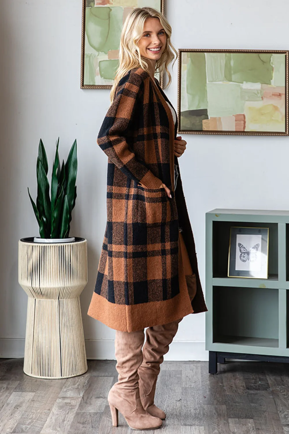 Mocha Thick Plaid Pocketed Coat - Image 12