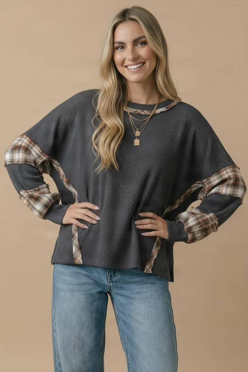 Waffle Knit Plaid Contrast Sleeve Top - Image 4