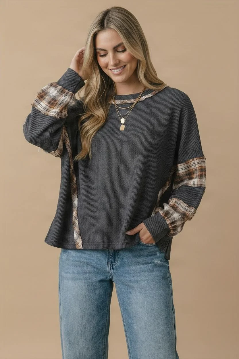 Waffle Knit Plaid Contrast Sleeve Top - Image 6