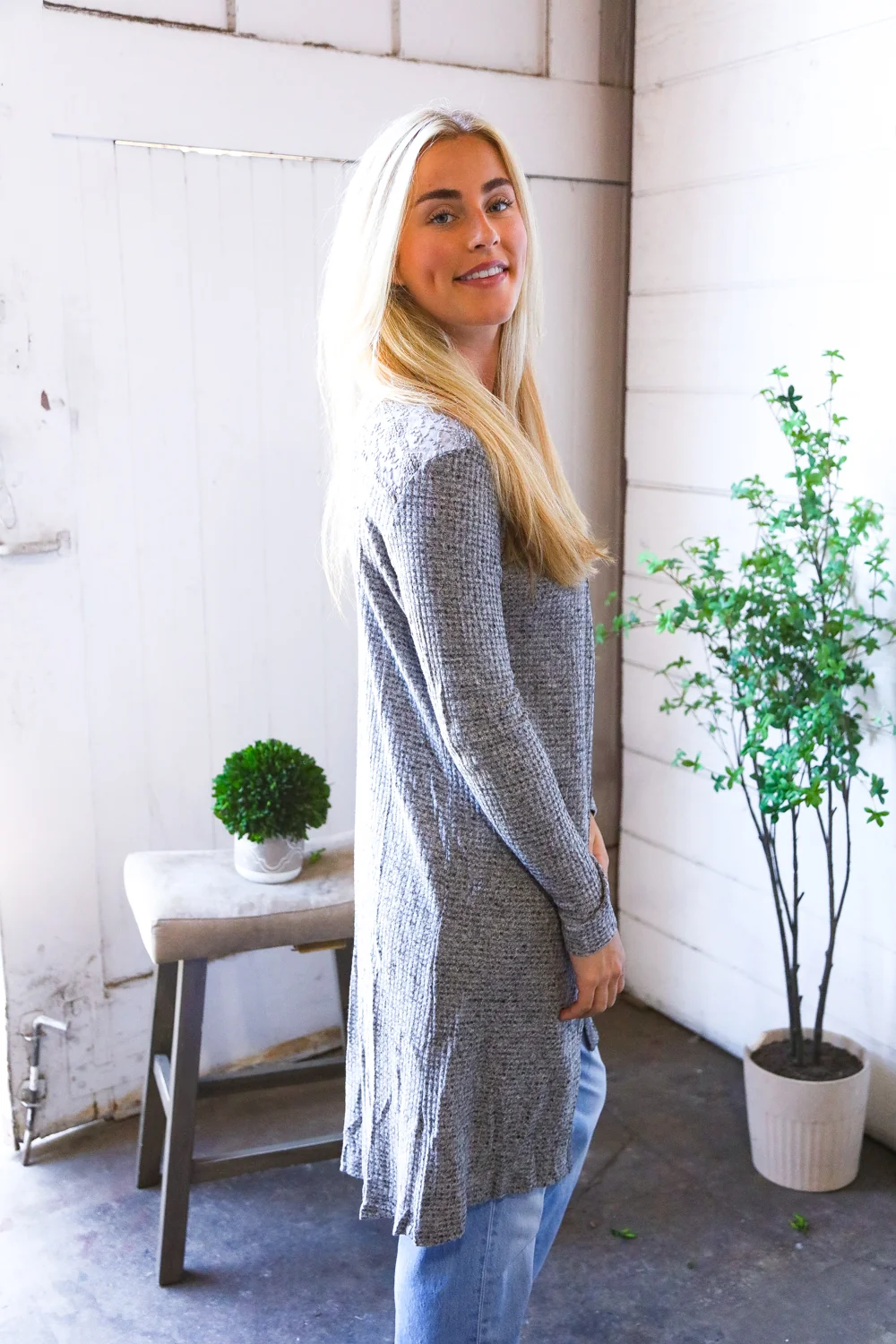 Grey Button Down Lace Back Cardigan - Image 5