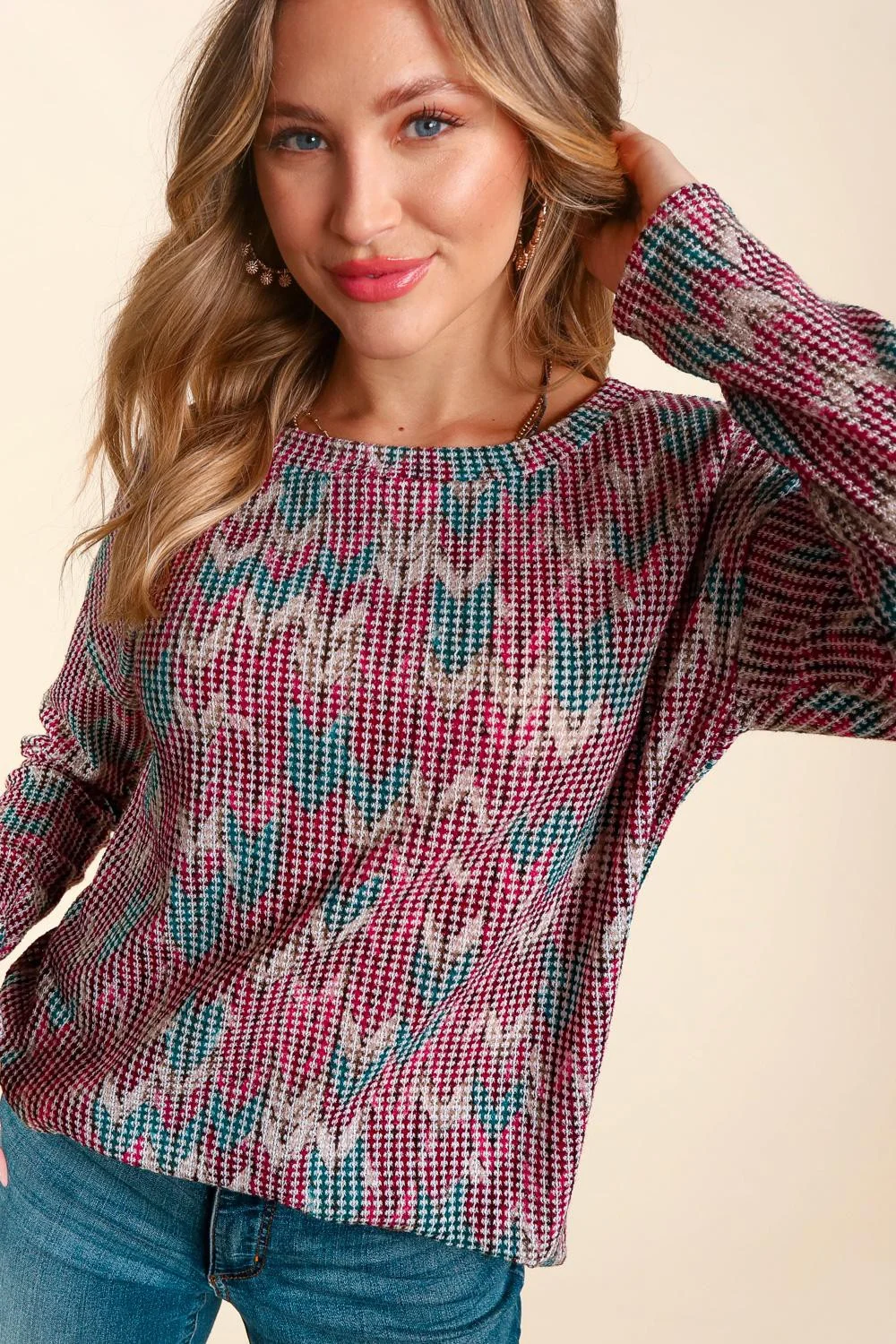 MULTI COLOR TWO TONE LONG SLEEVE SWEATER TOP - Image 3