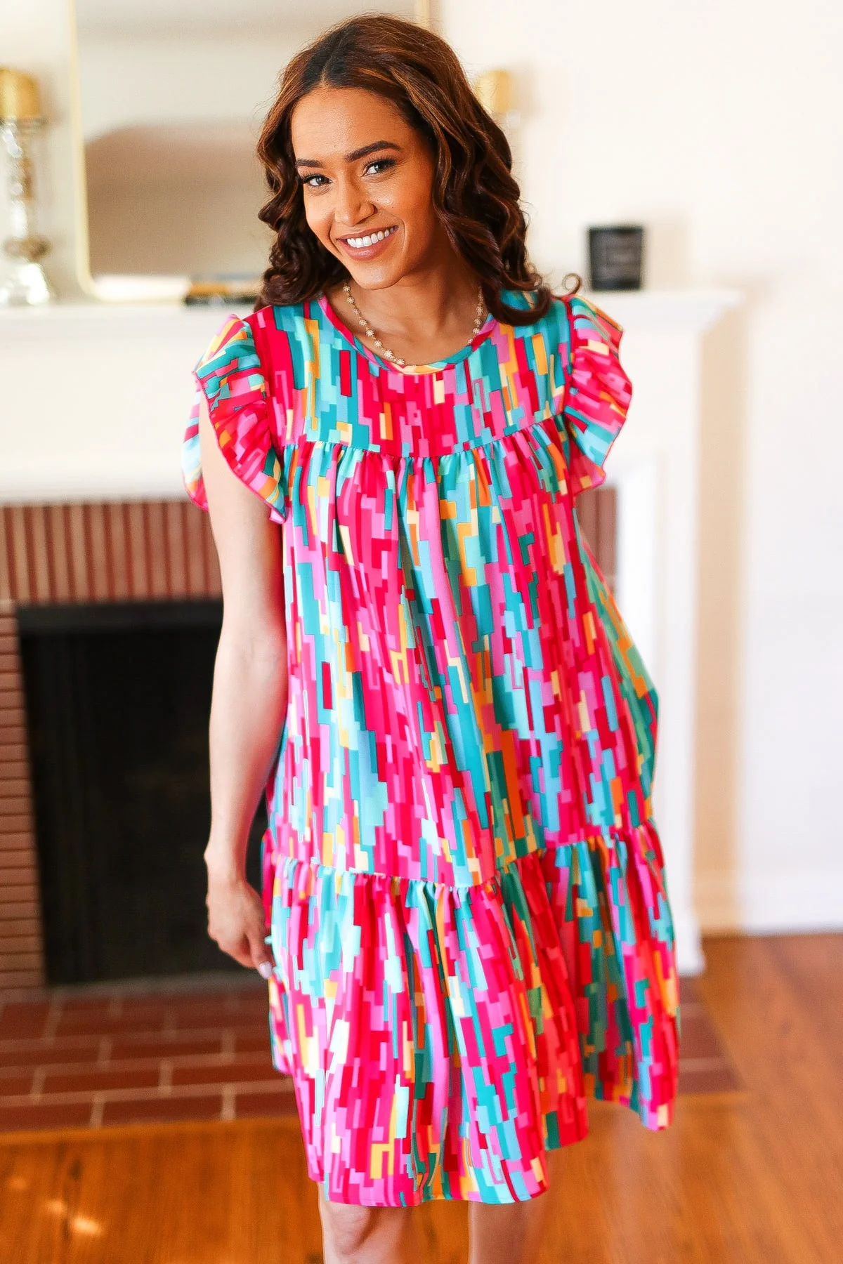 Feeling Bold Multicolor Abstract Print Tiered Ruffle Sleeve Dress (Open Pack) - Image 5