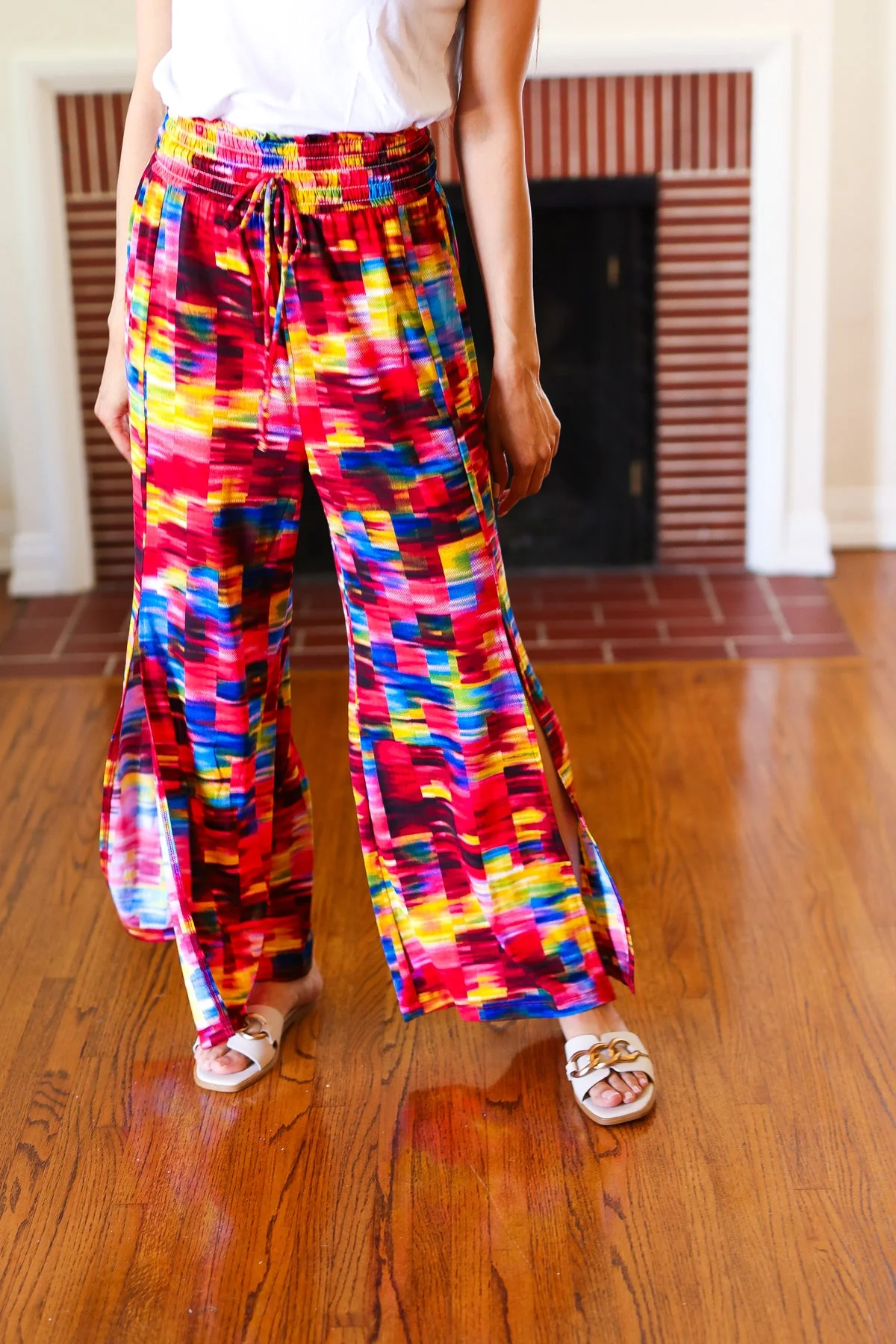 Vacay Vibes Kaleidoscope Smocked Waist Side Slit Palazzo Pants (Open Pack) - Image 5