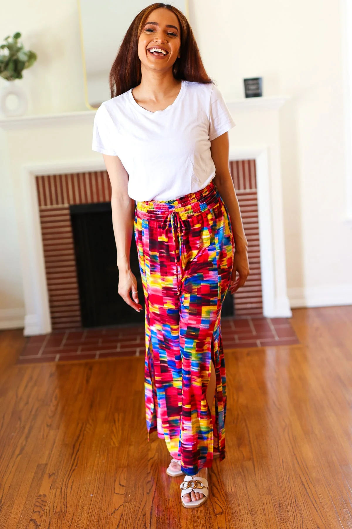 Vacay Vibes Kaleidoscope Smocked Waist Side Slit Palazzo Pants (Open Pack) - Image 7