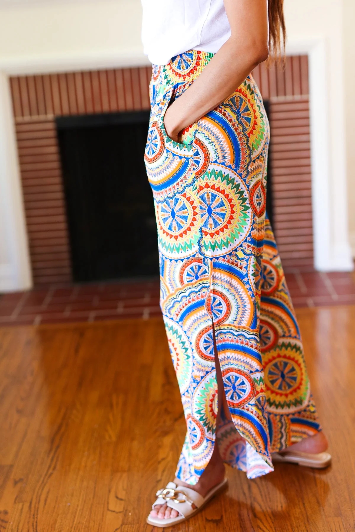 Multicolor Mandala Smocked Waist Side Slit Palazzo Pants (Open Pack) - Image 6