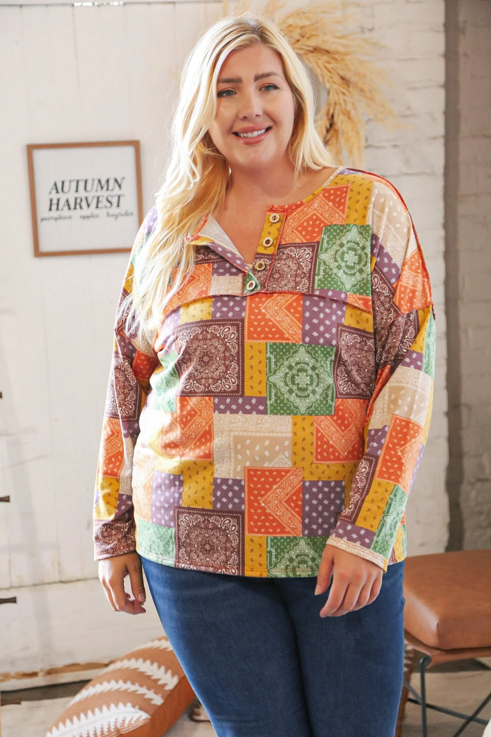 Multicolor Patchwork Button Down Terry Outseam Top - Image 11