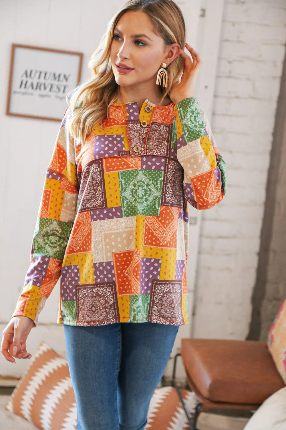 Multicolor Patchwork Button Down Terry Outseam Top - Image 12