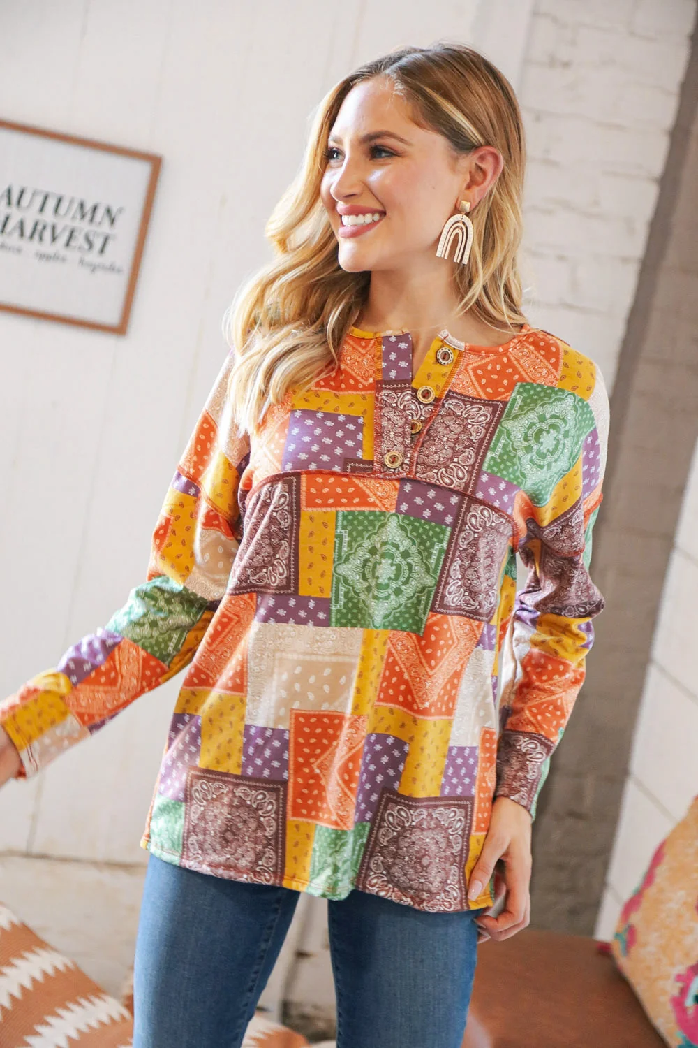 Multicolor Patchwork Button Down Terry Outseam Top - Image 13