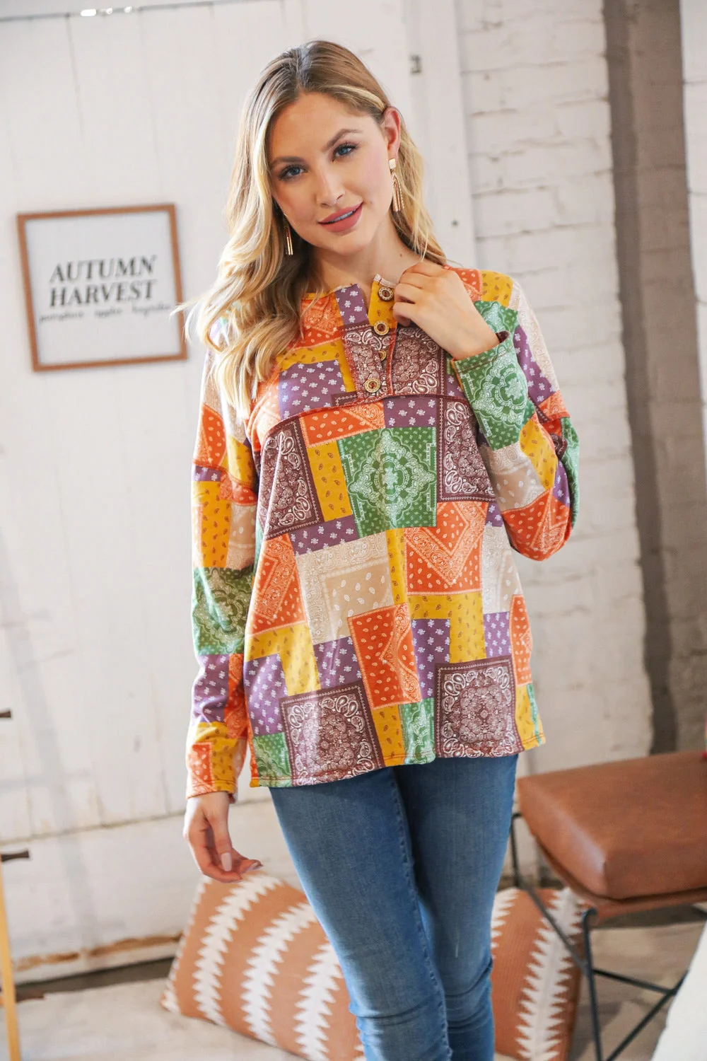 Multicolor Patchwork Button Down Terry Outseam Top - Image 14
