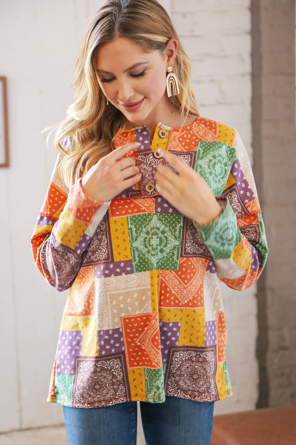 Multicolor Patchwork Button Down Terry Outseam Top - Image 15