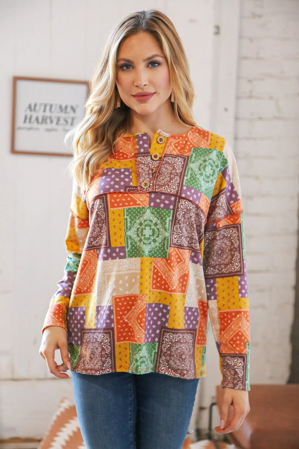 Multicolor Patchwork Button Down Terry Outseam Top - Image 16