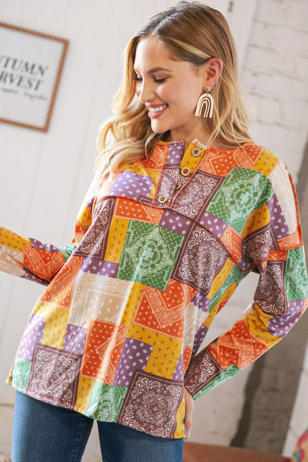 Multicolor Patchwork Button Down Terry Outseam Top - Image 2