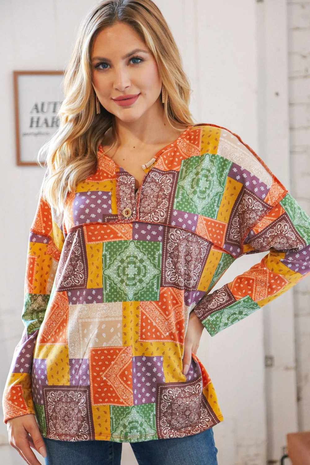 Multicolor Patchwork Button Down Terry Outseam Top - Image 3